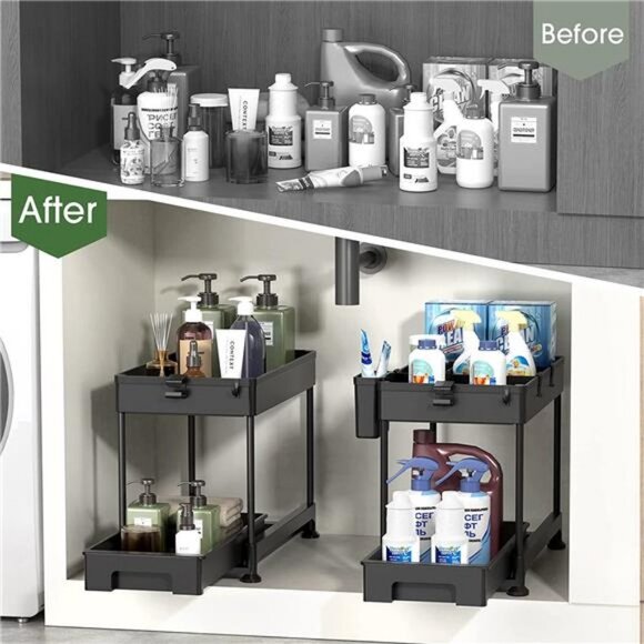 Sliding Cabinet Basket Organizer 2 Tier Under Bathroom Storage Black, 2 Pack - Picture 4 of 7